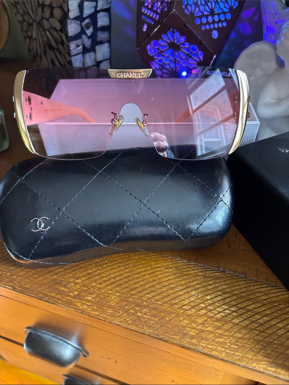 CHANEL Gold-Trim Pink Gradient Rimless Shield Sunglasses